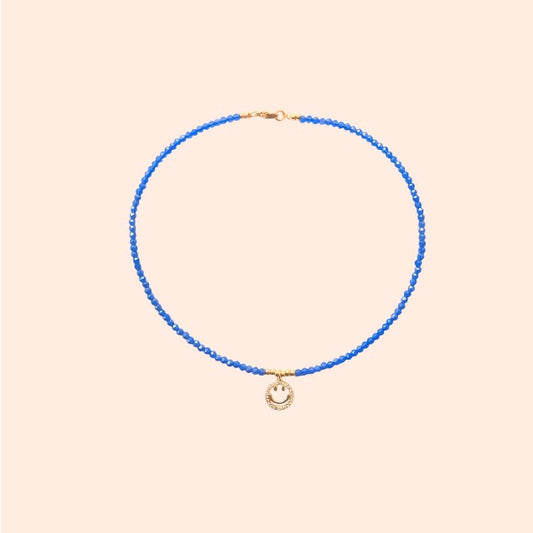 Blue Glass Bead Necklace With Diamond Smiley Pendant
