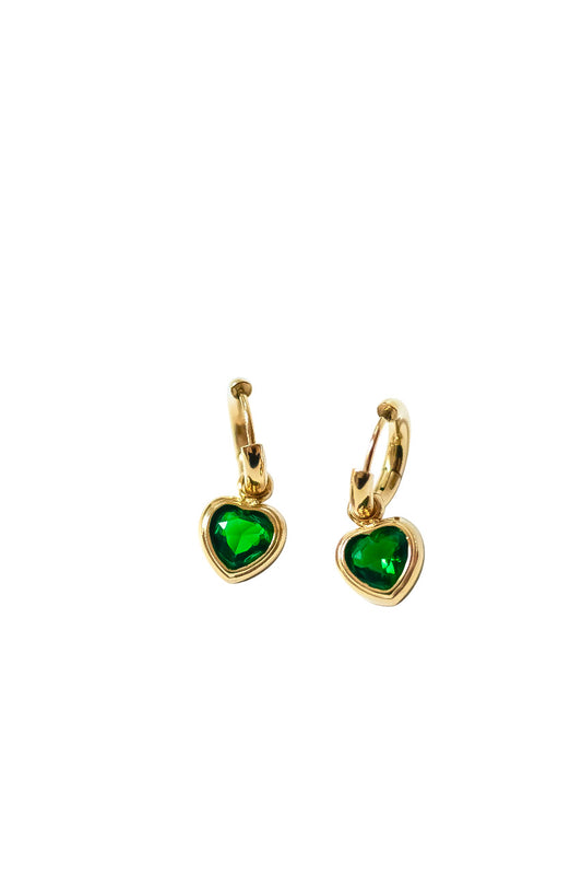 Golden heart green gemstone hoop earrings
