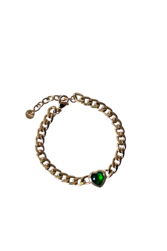 Tennis bracelet woman with green heart / waterproof golden stainless steel